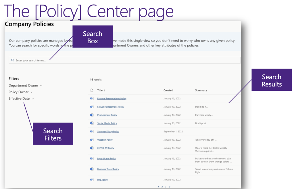 screenshot of the policy center page with arrows pointing to the search box, search filters, and search results web parts. 