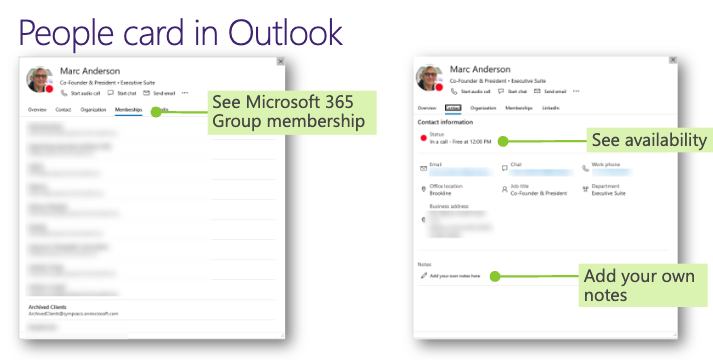 Screenshot of the people/profile/contact card from the Outlook desktop application.