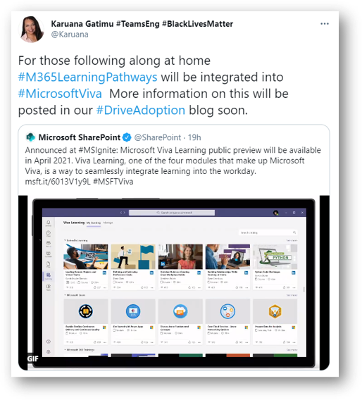 Tweet from Karuana Gatimu in relation to Microsoft 365 learning pathways and Microsoft Viva integration
