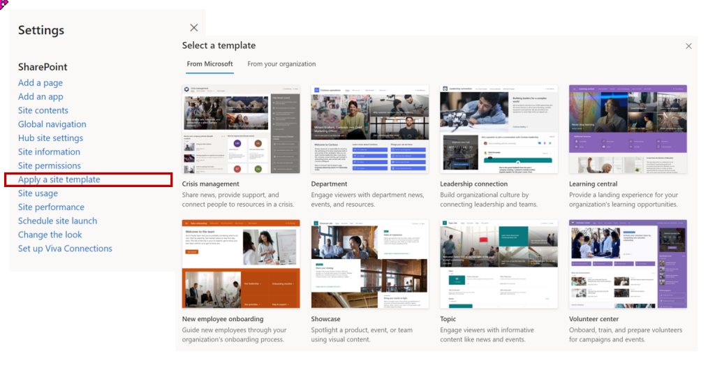 Visualization of apply a site template command in SharePoint settings