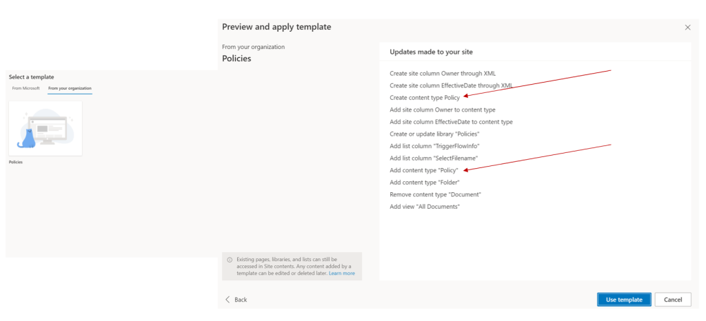 Visualization of applying a template to a site