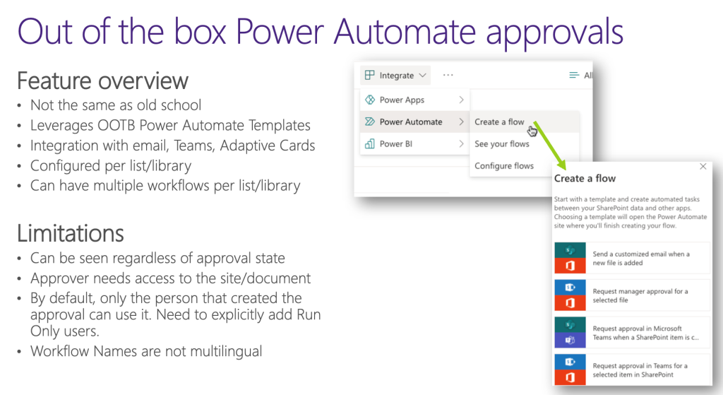List of the feature overview and limitations of out of the box Power Automate approvals. These are further explained in the following paragraph. 