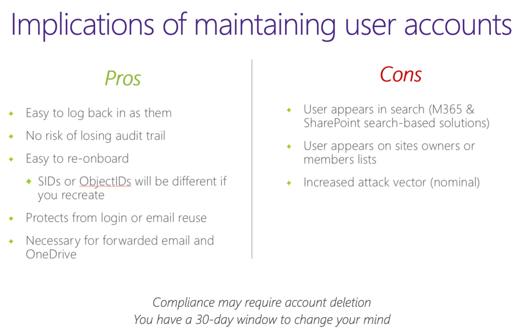 Visual list of the pros and cons of maintaining accounts. The following paragraph describes most of these. 